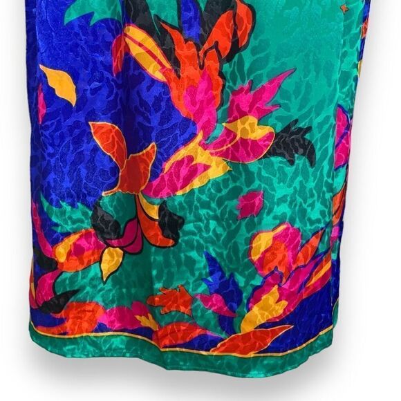 Vintage 90s Skirt Pleated Blue Green Reflective Abstract Leaf Print Midi Spring - Picture 3 of 9